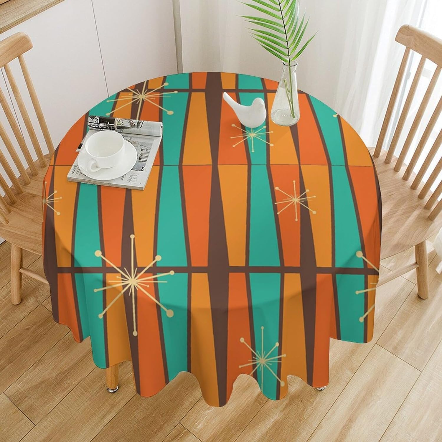 Century Textile & Sewing Supply Online Shopping - Mid-Century Modern Orange-Gelbe Geometrie-Tischdecke, Retro Bunte